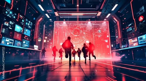 Futuristic corridor escape; people fleeing digital threat. Use Sci-fi game background
