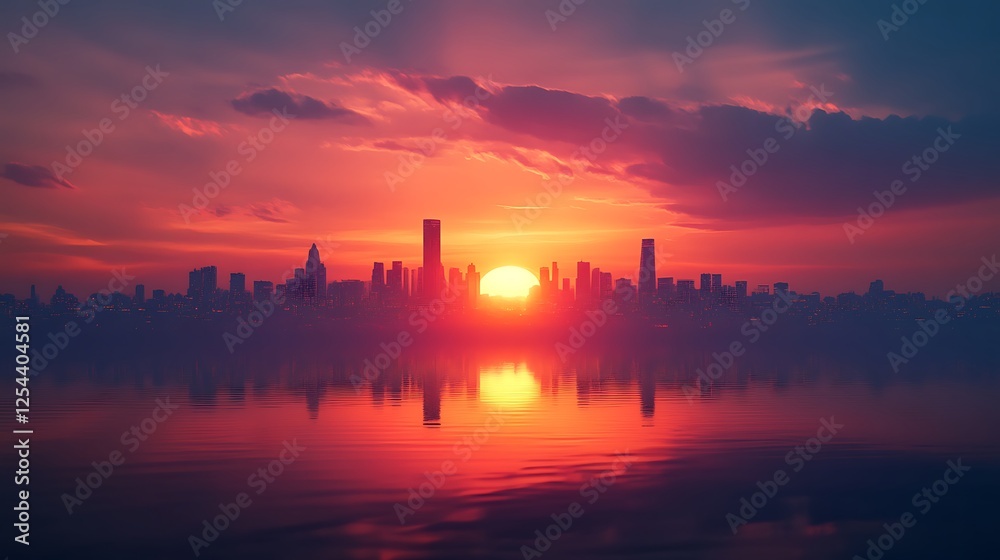 City Skyline Sunset Over Water Reflection City Skyline Sunset Over Water Reflection