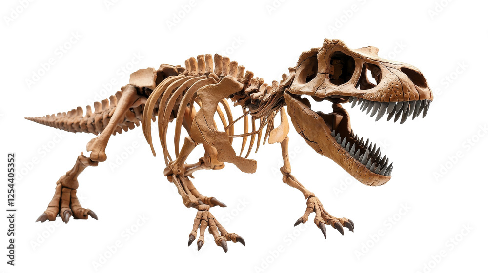 Fototapeta premium detailed dinosaur skeleton model, showcasing iconic T Rex structure with prominent teeth and bones. This impressive display highlights prehistoric era fascinating creatures