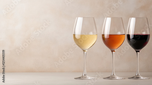 Wallpaper Mural Elegant wine glasses with white, rose, and red wine on textured background Torontodigital.ca