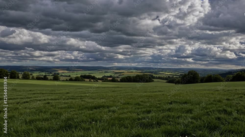 Rolling green hills under a dramatic, cloudy sky; pastoral English countryside landscape. Rolling green hills under a dramatic, cloudy sky; pastoral English countryside landscape.