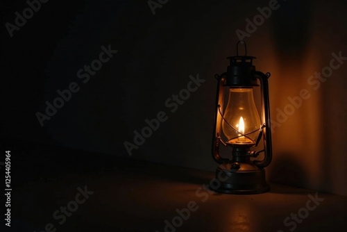 A solitary illuminated antique kerosene lamp casts a warm glow in the dimness