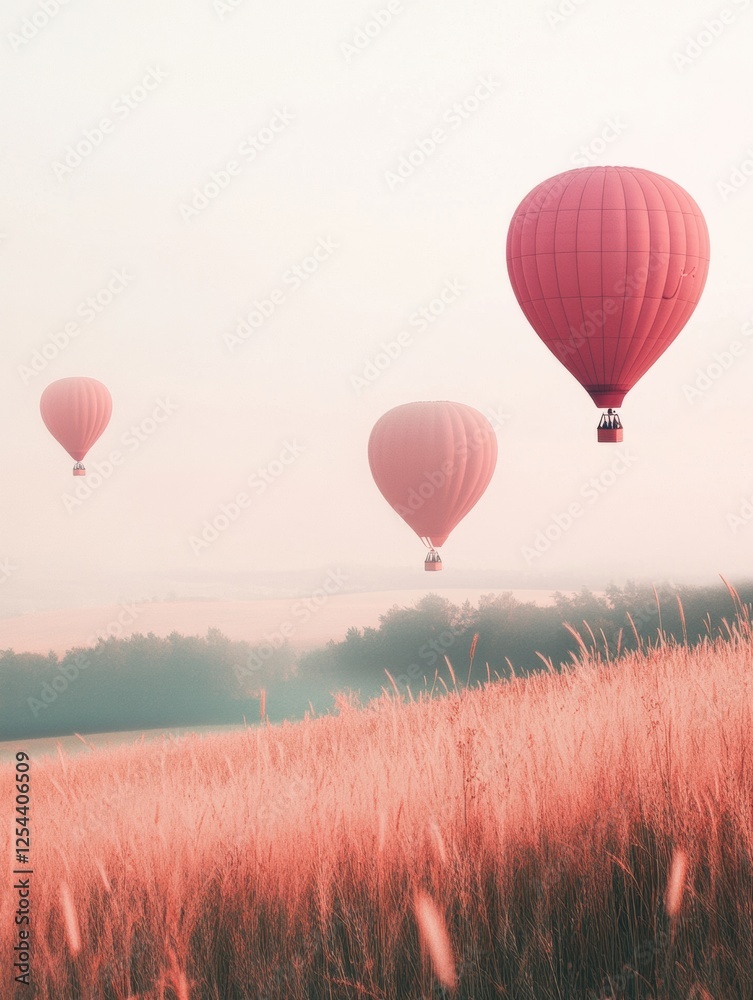 Fototapeta premium Hot air balloons soar gracefully over a vast field during sunrise in a peaceful landscape. Generative AI