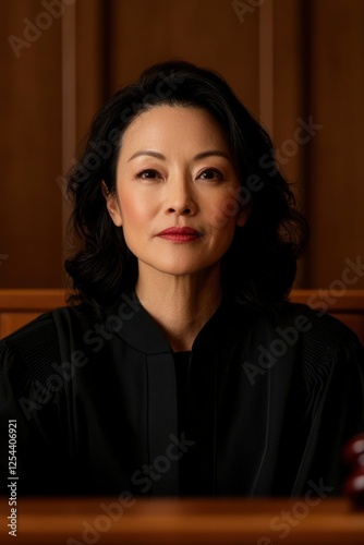 Confident judge presiding over a courtroom, with wooden paneling and legal books in the background photo