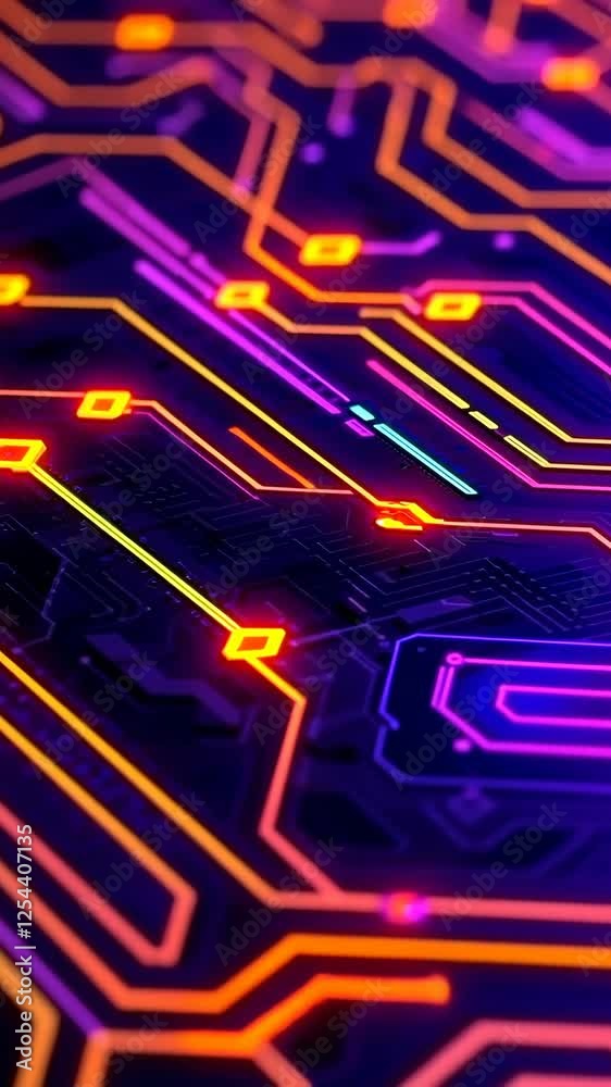Abstract Digital Circuit Board Design in Vibrant Neon Colors