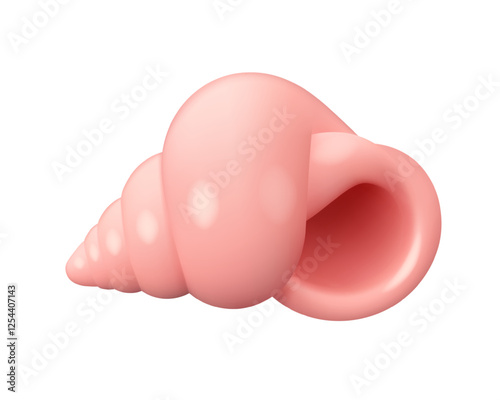 Vector 3d seashell isolated icon. Pink or coral colored conch, cute cartoon simple sea animal illustration on white background