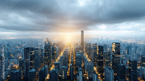 Wallpaper Mural Aerial view of modern city skyline at sunset with dramatic clouds Torontodigital.ca