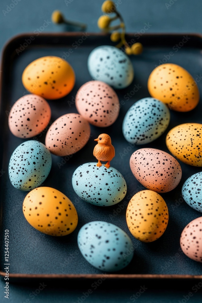 Colorful speckled eggs arranged artistically with a small chick on top, set against a muted background Colorful speckled eggs arranged artistically with a small chick on top, set against a muted background