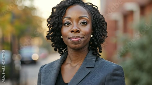 Confident Professional Woman: A portrait of a successful Black woman with locs, exuding confidence and professionalism in a stylish blazer.  Her calm and composed expression speaks volumes. 