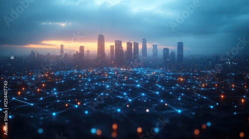 Futuristic cityscape at sunset with glowing network connections.