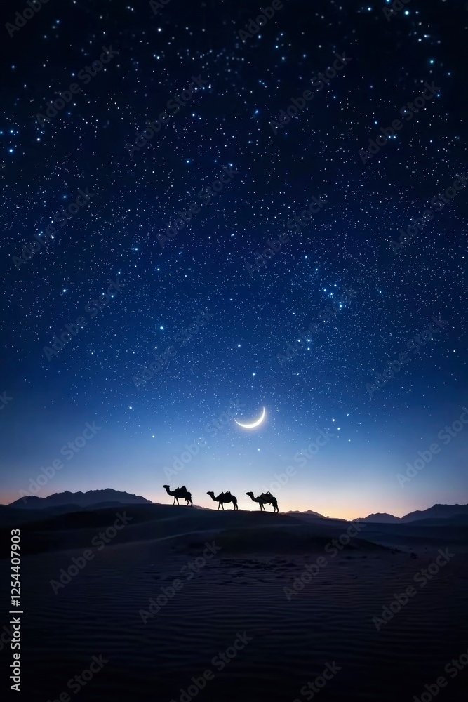 Obraz premium Camels silhouetted against a starry night sky with a crescent moon over a desert landscape