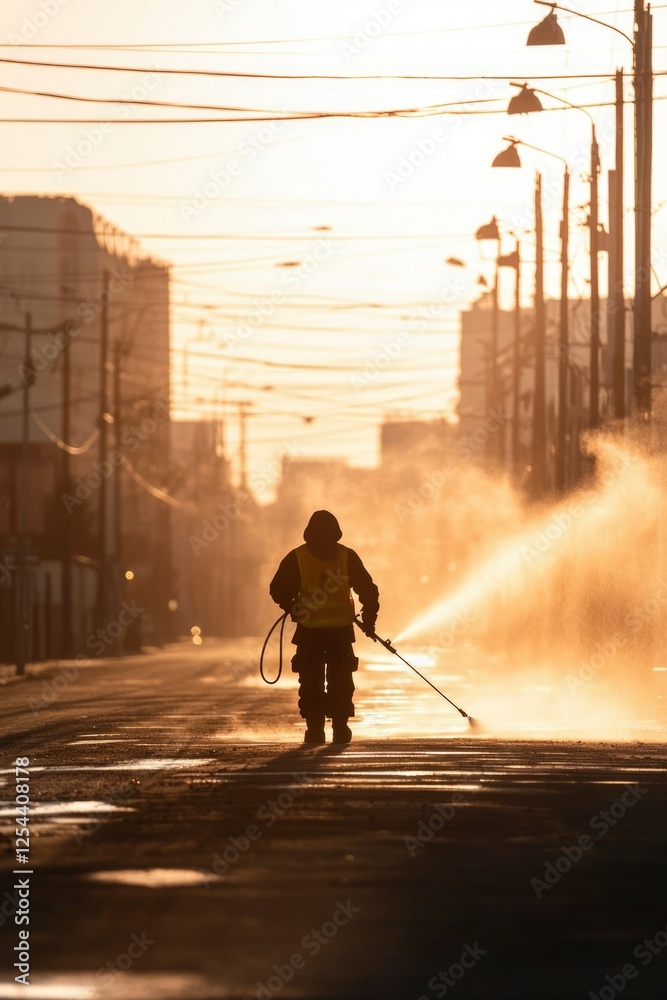 Fototapeta premium Worker cleaning the street at sunrise, with mist rising and buildings in the background