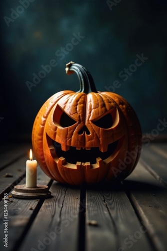A menacing carved pumpkin sits on a rustic wooden surface, illuminated by a single flickering candle