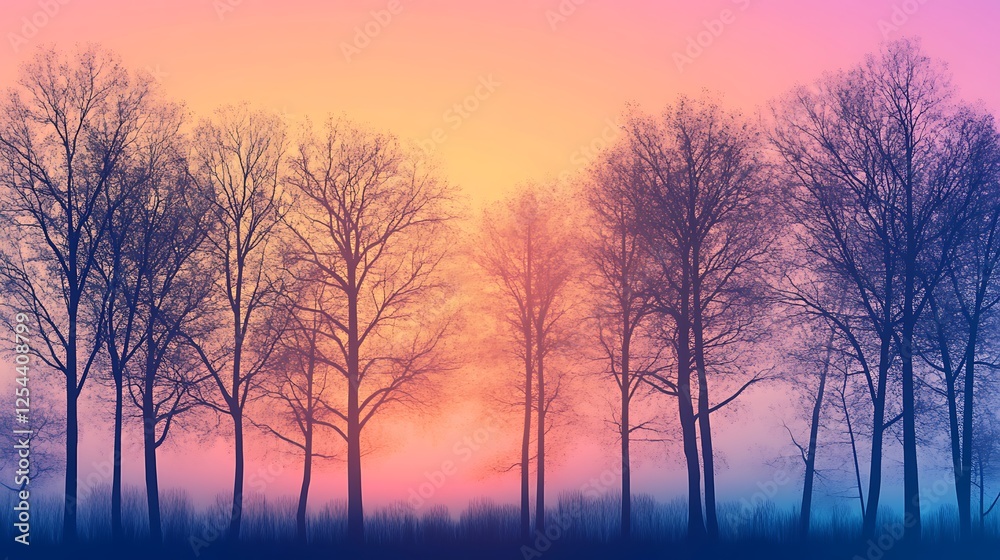 Fototapeta premium Bare Trees Silhouette at Sunset Peaceful Landscape