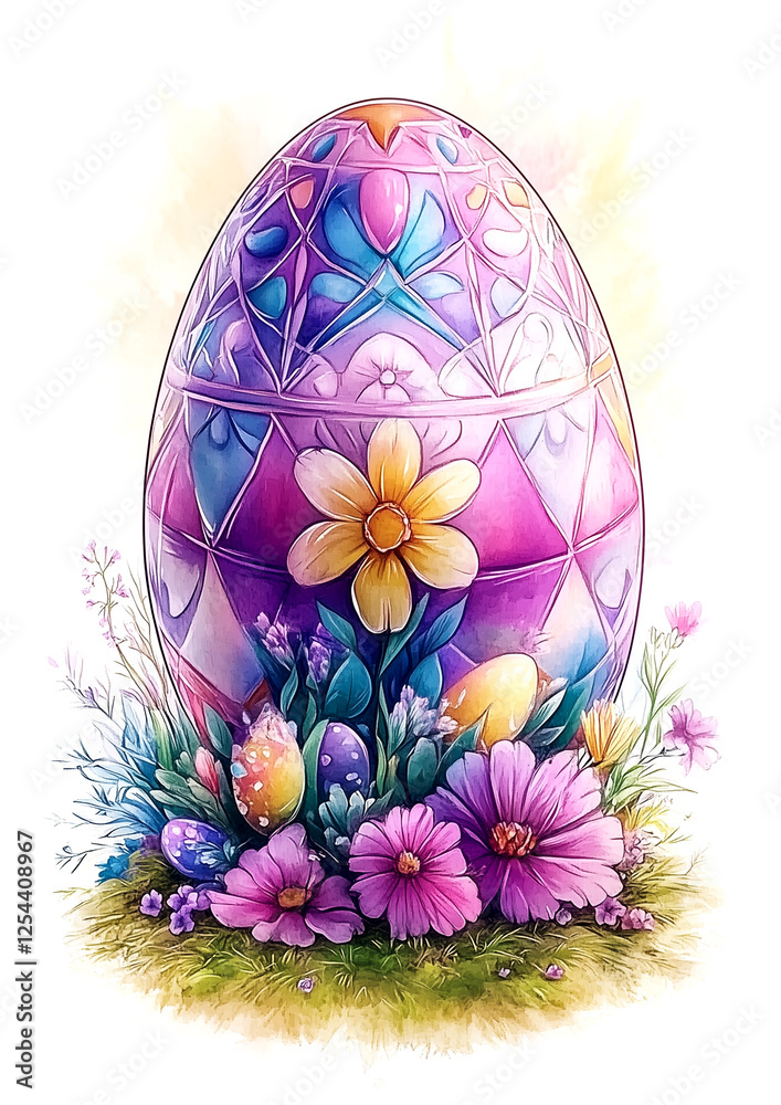 Fototapeta premium A colorful egg with flowers and grass around it. The egg is painted in a variety of colors and has a whimsical, playful feel to it