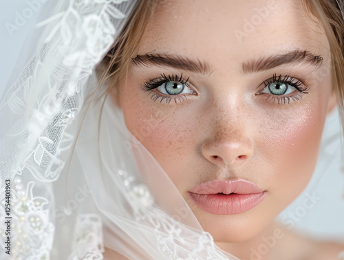 Bridal Beauty: Captivating portrait of a radiant bride with a delicate veil, her eyes shining with ethereal beauty. Her flawless makeup and soft, natural look exude timeless elegance. 