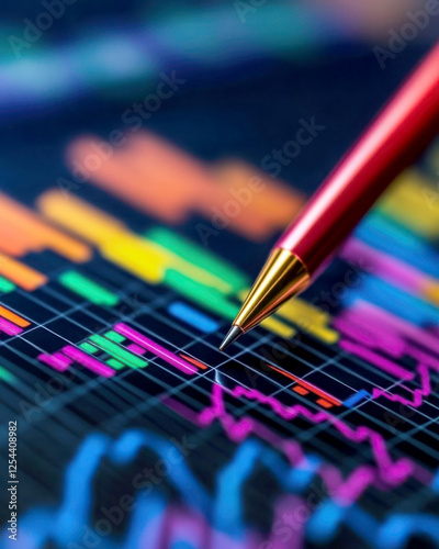 Analyzing data trends with a pen on colorful financial graphs. photo