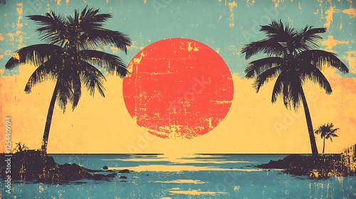 Tropical Sunset Scene With Palm Trees and Ocean