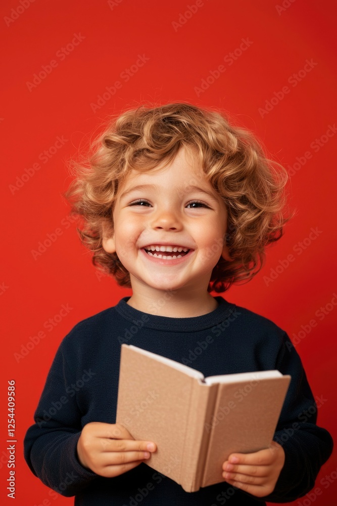 Happy child with curly hair holding a book, smiling against a vibrant red background Happy child with curly hair holding a book, smiling against a vibrant red background