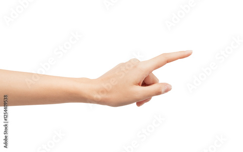 Woman hand touching or pointing on isolated white background.
