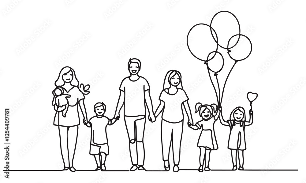 continuous one single line art doodle drawing of Happy family with kids holding hands with balloons illustration on white background continuous one single line art doodle drawing of Happy family with kids holding hands with balloons illustration on white background
