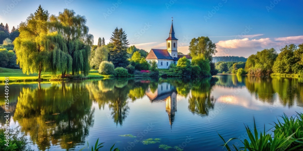 A serene lake scene with a small town church in the background A serene lake scene with a small town church in the background