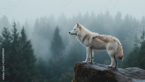 Lone Wolf in Misty Forest