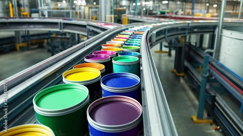 Rainbow on the Conveyor Belt: Vibrant paint cans in a spectrum of colors move along a conveyor belt in a modern factory setting, showcasing the industrial process of paint production.