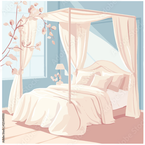 Elegant Canopy Bed in Sunlit Bedroom Vector Illustration:This beautiful vector illustration features an elegant canopy bed draped in flowing, soft curtains, creating a luxurious and romantic atmospher