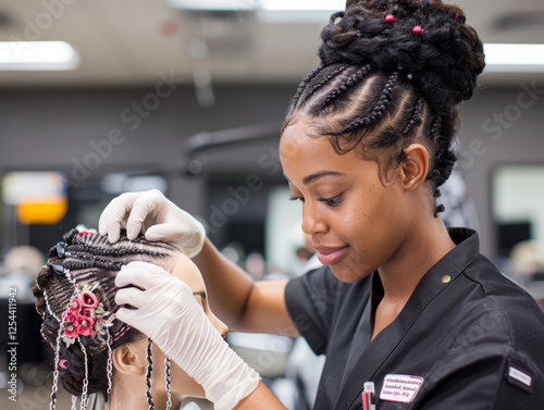 Focused Cosmetology Student: A young, focused cosmetology student meticulously works on a mannequin head, showcasing intricate braiding skills and a passion for her craft.