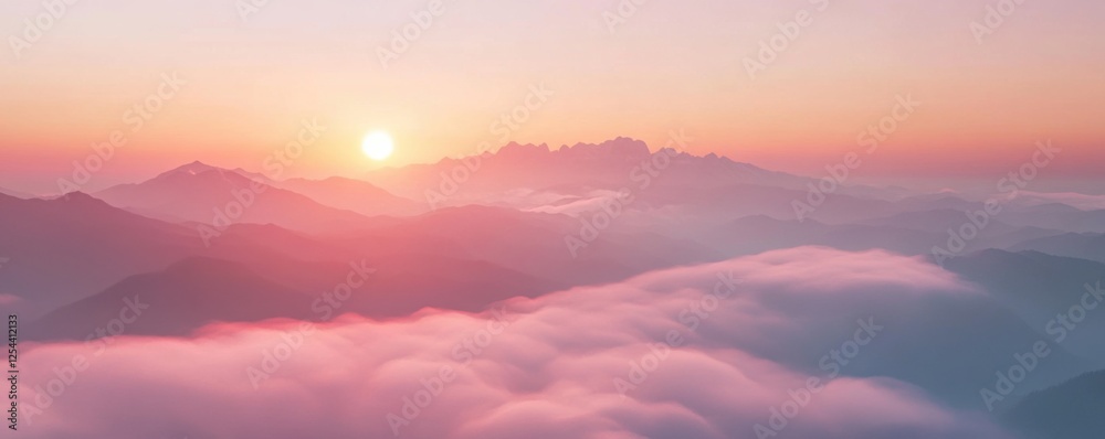 Fototapeta premium Sunrise Over Misty Mountains: A Serene Panorama