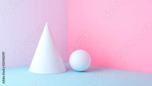White Cone and Sphere on Pastel Background