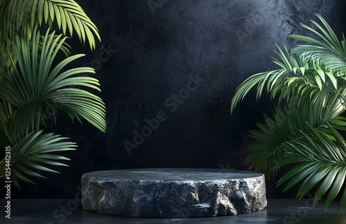 Dark backdrop with a spotlight on a sleek stone platform, accentuated by lush tropical palm fronds for an elegant and inviting presentation photo