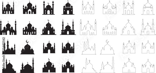 Silhouette of Mosque icon vector art illustration, Mosque shape, Mosque silhouette design set collection with white background