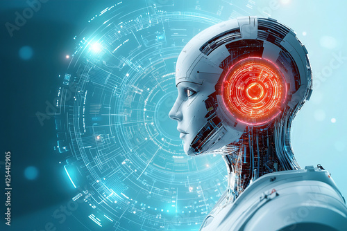 futuristic humanoid robot with glowing red circuitry stands against digital interface background, symbolizing advanced technology and artificial intelligence