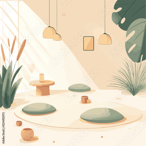 Minimalist Zen Meditation Room Vector Illustration:This serene vector illustration beautifully depicts a minimalist Zen meditation room with soft, earthy tones and a calming atmosphere