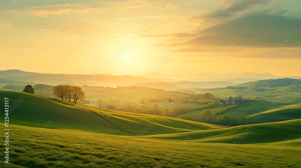 Obraz premium Golden Sunset Over Rolling Green Hills Landscape