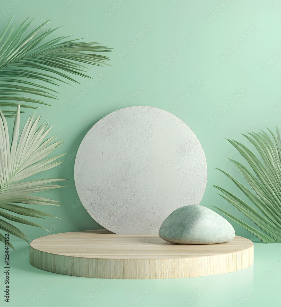 Fototapeta premium Minimalist Zen Product Display, Wooden Podium with Stone and Palm Leaves on a Serene Green Backdrop for Beauty and Wellness Products