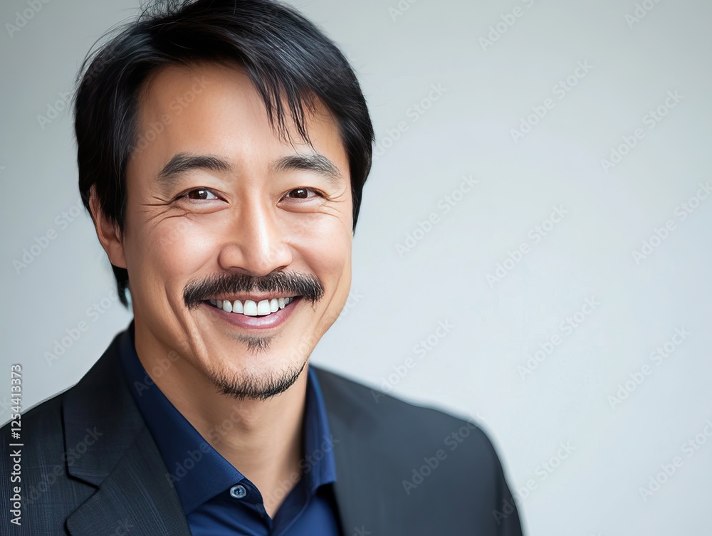 Smiling Asian businessman in suit, dark hair, short beard, laughing at camera, isolated on white background, closeup studio portrait, professional sharp focus. Smiling Asian businessman in suit, dark hair, short beard, laughing at camera, isolated on white background, closeup studio portrait, professional sharp focus.