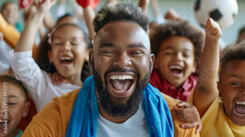 Cheerful Crowd: A joyous crowd of diverse children and a father, all cheering with contagious enthusiasm, their smiles radiating infectious happiness and unity.