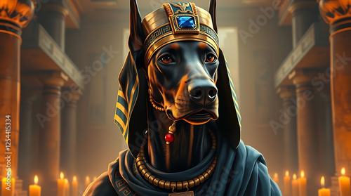 a Doberman Pinscher dignified as an Egyptian pharaoh, wearing a headdress