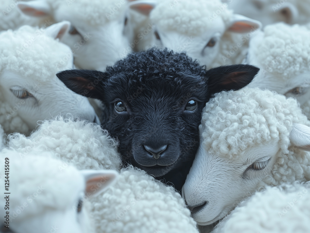 Naklejka premium Black Lamb Standing Out Among White Sheep
