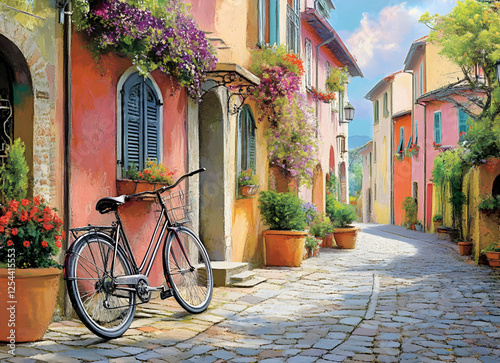 Picturesque Tuscan Street Scene with Bicycle and Blooming Flowers, Evoking a Sense of Tranquility and Charm, an Artistic Travel Destination Image