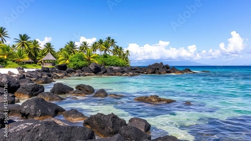 Fototapeta Naklejka Na Ścianę i Meble -  Rocky black beach in Saint Gilles les Bains, Reunion Island with clear blue water and palm trees, Saint Gilles les Bains, ocean, palm trees