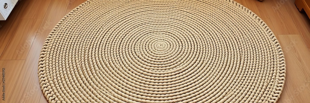 Fototapeta premium Straw round carpet with boho, scandinavian, minimal style decor on white background, straw, modern, minimal