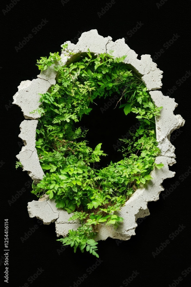 Green foliage emerging through a cracked wall, symbolizing nature's resilience and beauty Green foliage emerging through a cracked wall, symbolizing nature's resilience and beauty
