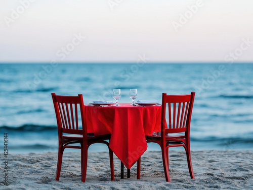 A romantic beachside table set for dining at sunset. photo