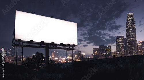stark white rectangle billboard stands illuminated against night city skyline, showcasing urban landscape vibrant lights and cool atmosphere