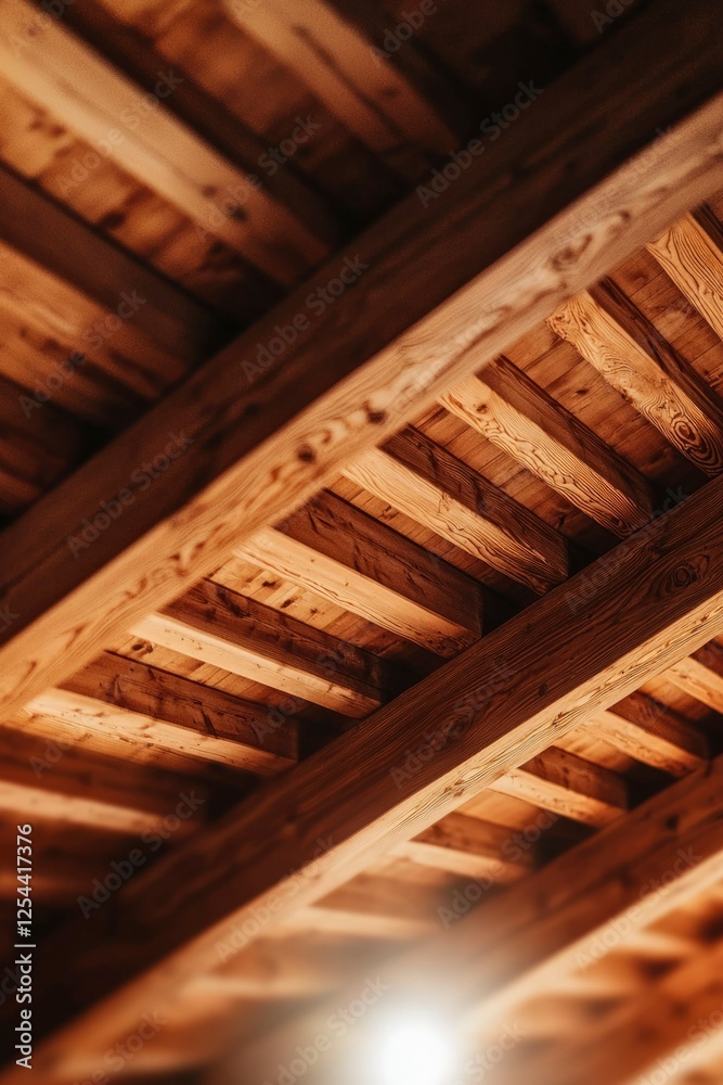 Wooden ceiling beams with warm lighting creating a cozy atmosphere in a rustic interior Wooden ceiling beams with warm lighting creating a cozy atmosphere in a rustic interior
