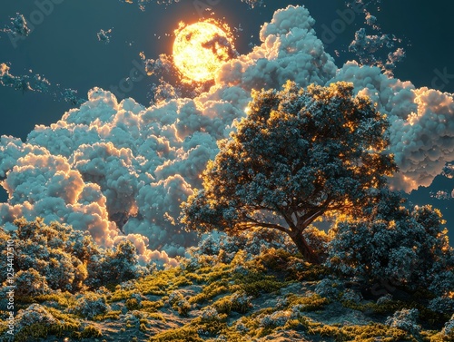 A stunning landscape featuring a tree under vibrant clouds.